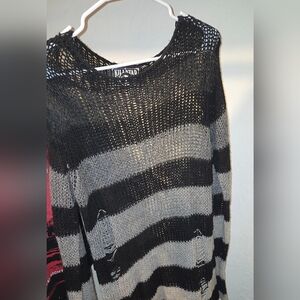 Killstar Distressed Black and Gray Striped Sweater